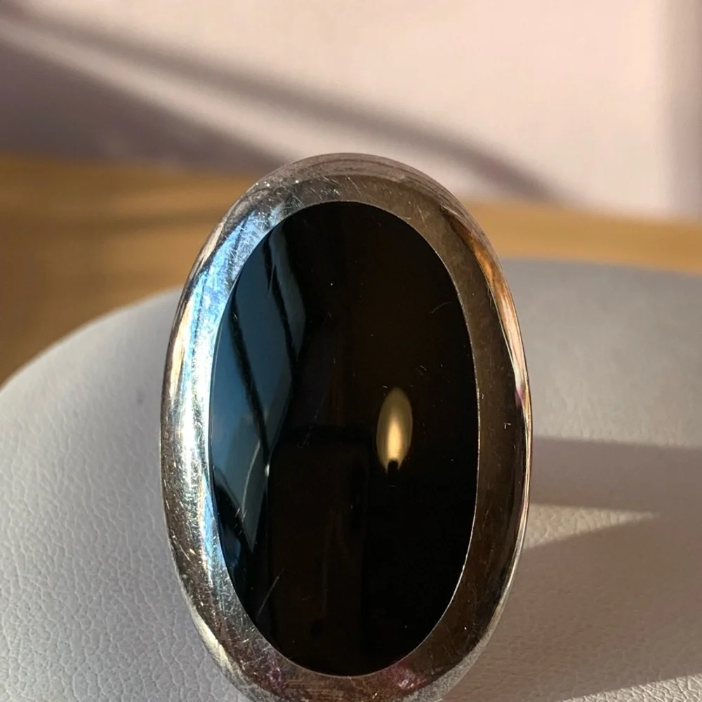 VINTAGE LARGE BLACK STONE RING 925 STERLING SILVER STATEMENT